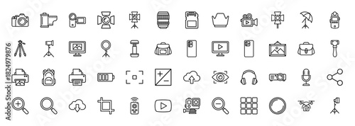 Photography and video equipment line icon set. Vector pictograms of camera, lens, tripod, lighting, drone, microphone, studio and editing tools, thin linear illustration.