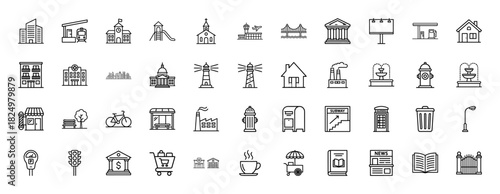 City life and architecture line icon set. Vector pictograms of building, bridge, school, hospital, airport, house, factory, park, fountain and bank, thin linear illustration.