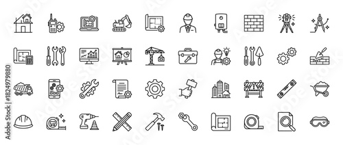 Construction and architecture line icon set. Vector pictograms of helmet, blueprint, excavator, crane, tools, brick, drill, tape and builder, thin linear illustration.