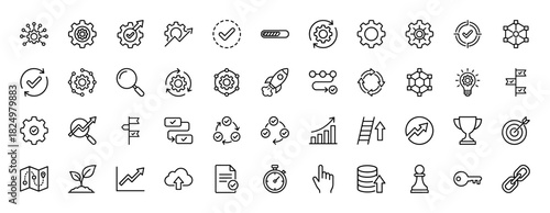 Business process and progress line icon set. Vector pictograms of gears, target, rocket, arrow, checklist, trophy, flowchart and strategy symbols, thin linear illustration.