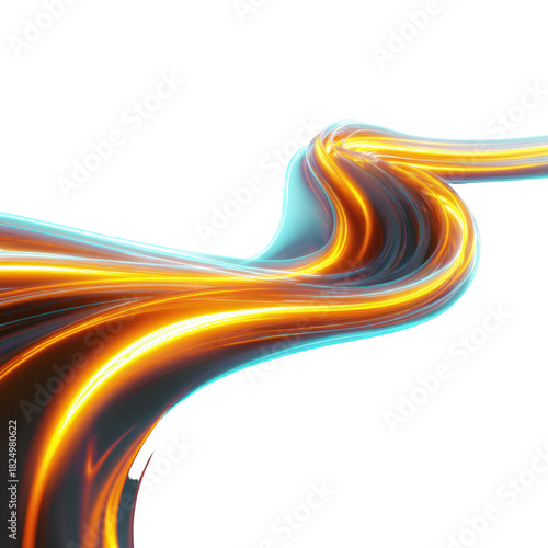 Vibrant abstract wave of orange and cyan glowing light moving dynamically across a white background