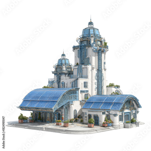 A captivating Art Nouveau inspired building adorned with solar panels showcasing intricate design elements against a transparent background