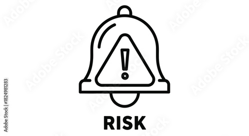 Simple black and white illustration of a warning bell with the word risk below it