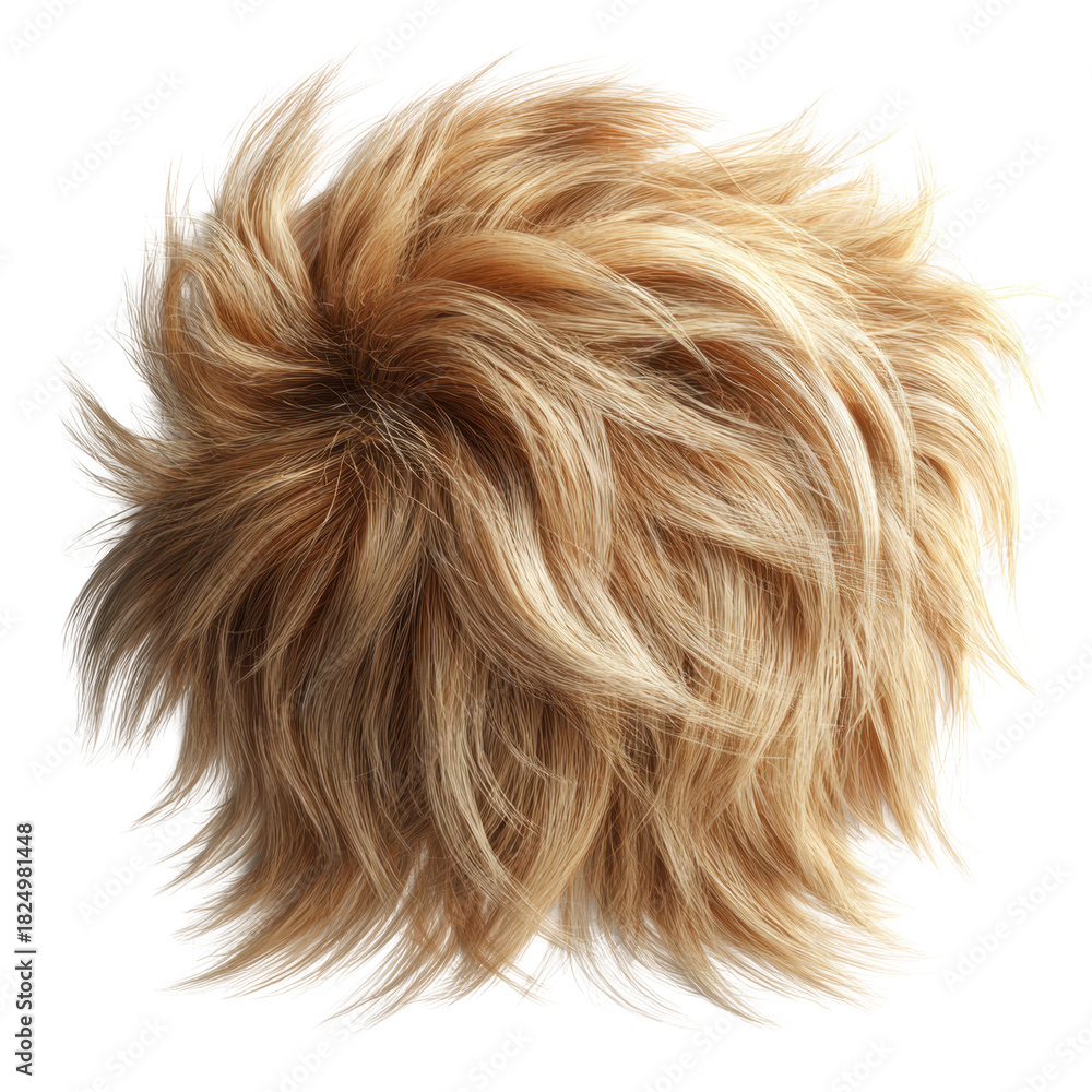 Fototapeta premium A close-up view of a tangled ball of light brown pet fur isolated against a white background, highlighting its messy and fibrous texture