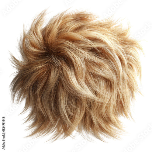 A close-up view of a tangled ball of light brown pet fur isolated against a white background, highlighting its messy and fibrous texture