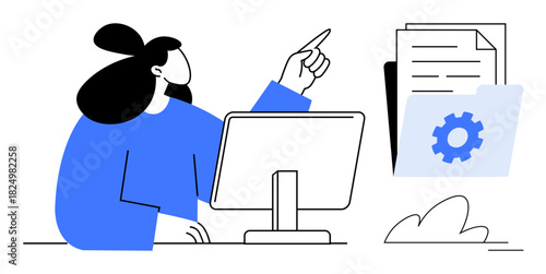 Woman working at desk, pointing toward documents and gear icon symbolizing file management. Ideal for workflow, organization, productivity, data management, business operations, planning, simple flat