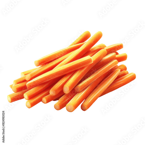 A neat pile of fresh raw carrot sticks cut into julienne strips isolated on a white background, highlighting their vibrant orange color and texture