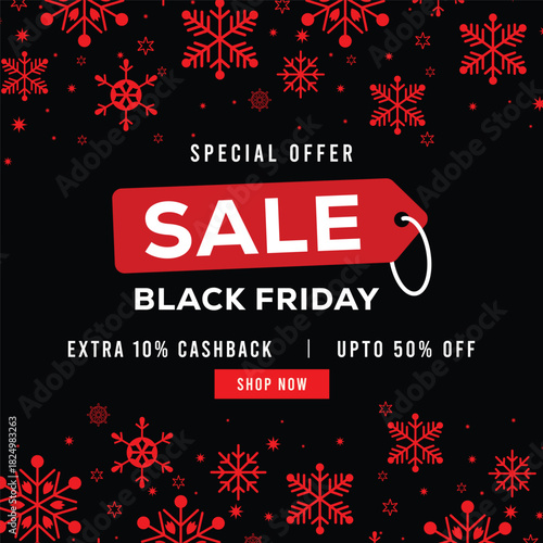 Black Friday sale banner with red price tag, white sale text and decorative snowflakes on black background, featuring special offer message, extra cashback and discount promotion.