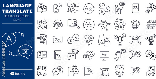 Language Translation and Interpretation Vector Icons. Set of 40 editable stroke symbols for multilingual communication, localization, and linguistics. Includes speech bubbles and globe