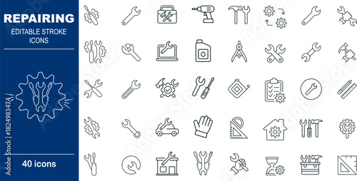 Repair and Maintenance Tools Vector Icons. Set of 40 editable stroke symbols for fixing, servicing, and equipment repair. Includes wrench, screwdriver, and gear tools