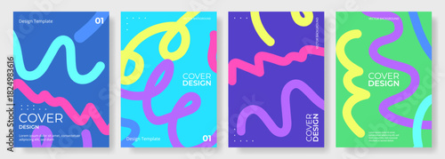 Set of four abstract vector posters with colorful hand drawn squiggles. Many-coloured vertical background design collection for cover, social media, poster, brochure, book, flyer, banner, presentation