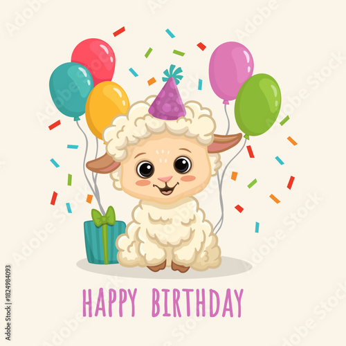 Cute cartoon sheep with gift and balloons. Sheep in flat style for greeting card, book, activity page. Happy birthday postcard. Vector illustration