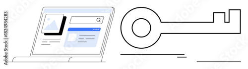 Open laptop screen displaying search result interface paired with a large key symbol. Ideal for SEO, security, access, technology, digital marketing, web navigation, data privacy. Simple flat