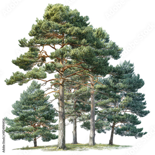 A detailed cluster of photorealistic pine trees featuring rich green needles and textured bark, isolated against a transparent background for design