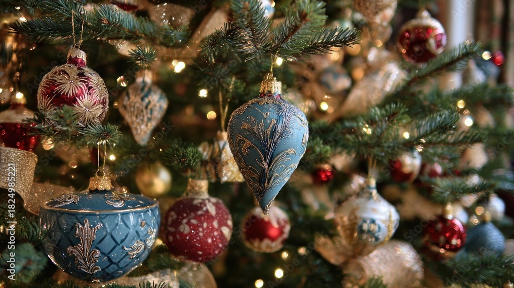 Fototapeta premium Decorated Christmas tree with ornaments