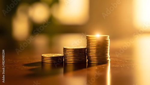Three Stacks of Growing Gold Coins on a Wooden Table in Soft Golden Sunlight, Symbolizing Investment, Savings Growth, Banking, and Financial Success