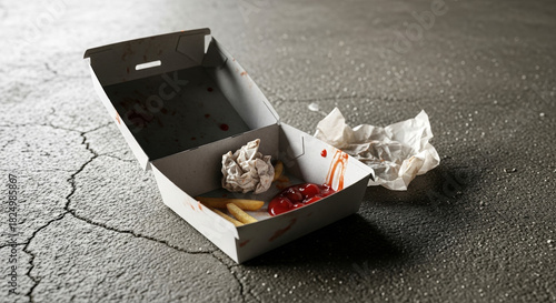 Fast food box on the floor with remnants of fries and burger wrapped in paper. Fast food packaging includes spilled ketchup and crumpled wrappers. Concept of discarded fast food and urban lifestyle.