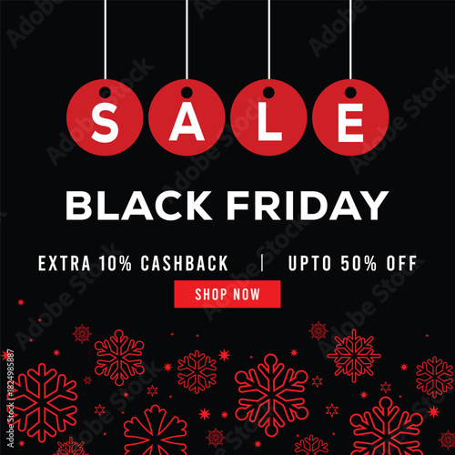 Black Friday sale banner with red price tag, white sale text and decorative snowflakes on black background, featuring special offer message, extra cashback and discount promotion.