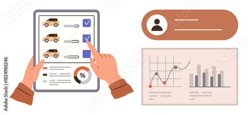 Hands interact with checklist of car models, charts display data trends, profile for user info. Ideal for decision-making, data analysis, evaluation, car selection, user profile, business research