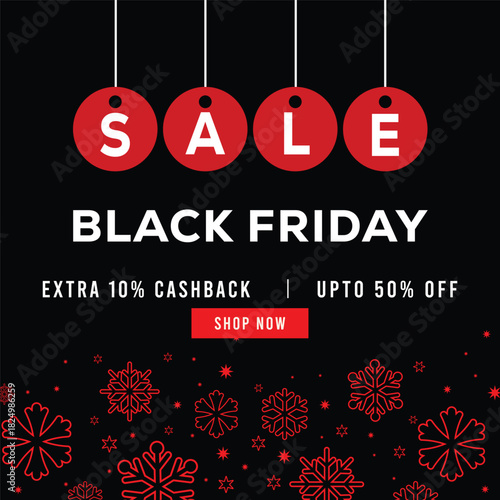 Black Friday sale banner with red price tag, white sale text and decorative snowflakes on black background, featuring special offer message, extra cashback and discount promotion.