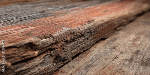 Dry rot, rotting old wood texture, distressed old barn lumber, close up view. Rustic wooden plank, termite or water damaged board.
