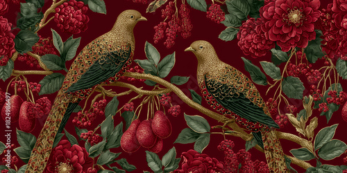Christmas italian luxury designer brand inspired wallpaper style pattern, partridge in a pear tree, dark rich reds greens and golds- high end luxury interior design christmas subtle theme, maximalist 