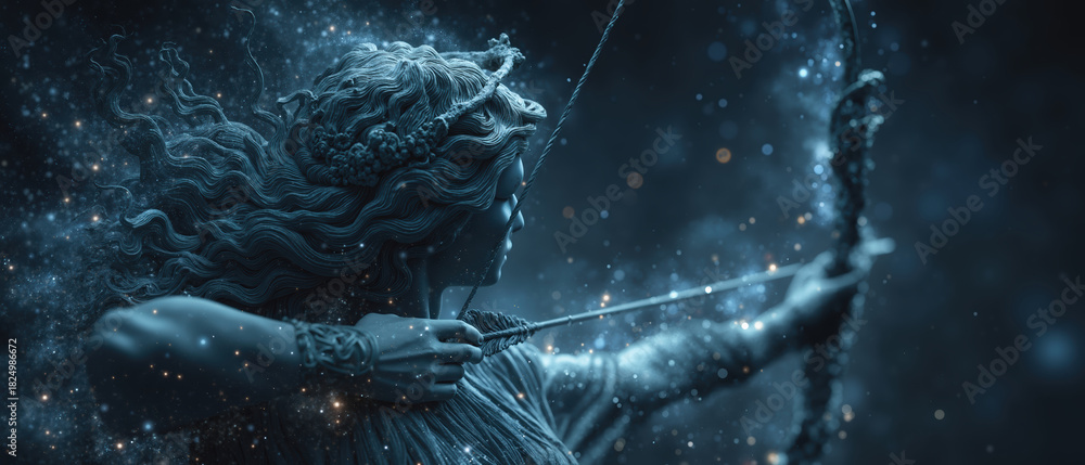 Fototapeta premium Ethereal archer Sagittarius in cosmic nightscape with celestial lighting and enchanted atmosphere, concept of Zodiac sign