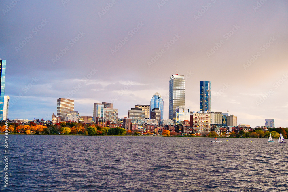 Fototapeta premium Boston, Massachusetts, USA: 10 25 2025: Boston Charles river sunset fall landscape