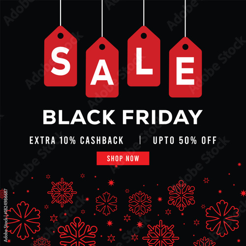Black Friday sale banner with red price tag, white sale text and decorative snowflakes on black background, featuring special offer message, extra cashback and discount promotion.