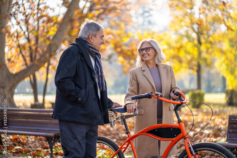 Obraz premium Happy senior couple enjoying a bike ride in the autumn park on a sunny day