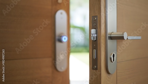 Smart lock system on an open wooden door home security technology