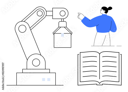 Robotic arm lifting object, person pointing, and open book with text representing education, technology, innovation, industry, knowledge sharing, human-machine collaboration. Ideal for learning