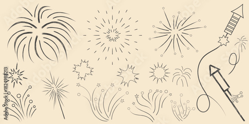 Fireworks line art doodles vector illustration