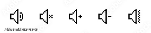 Pixel speaker icons, volume control icons set, speaker sound symbols, pixel art, vector illustration.