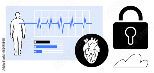 ECG reading beside human figure, heart diagram, lock signifying data security, and cloud. Ideal for health tech, data protection, cybersecurity, cardiology, medical privacy digital healthcare