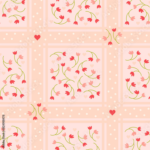 Delicate little floral seamless pattern with small tulip flowers, tiny hearts and ribbon plaid in polka dots. Feminine romantic backgrounds,  wedding invitations, fabric and wallpaper or home decor 