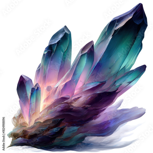 A digitally painted illustration of a sharp, jagged crystal cluster glowing with iridescent shades of purple, blue, and teal on a transparent