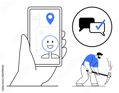 Smartphone with GPS marker and smiling face, chat bubble with checkmark, and worker using pickaxe. Ideal for navigation, communication, technology, labor, geolocation, task tracking productivity