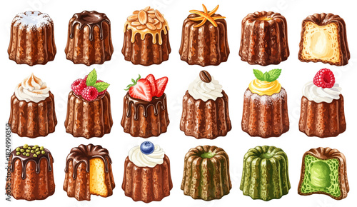 カヌレ（フレーバー・トッピング各種）のセットイラスト,フランス菓子,焼き菓子,洋菓子,スイーツ,水彩,リアル