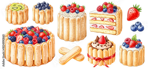 シャルロットケーキ（ベリー・キウイ）とビスケットのセット,フランス菓子,ケーキ,デザート,水彩,リアル