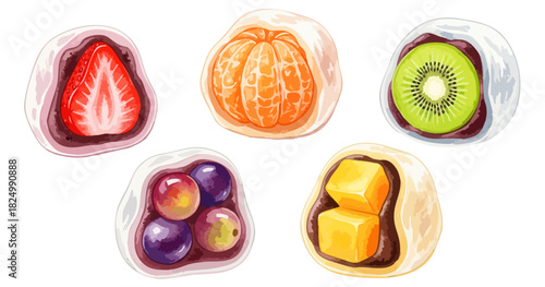 フルーツ大福のセットイラスト（いちご・みかん・キウイ他）,和菓子,スイーツ,断面,水彩,リアル
