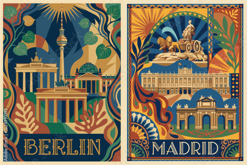 Berlin Germany and Madrid Spain Art Deco Travel Poster Duo. European Capitals.
