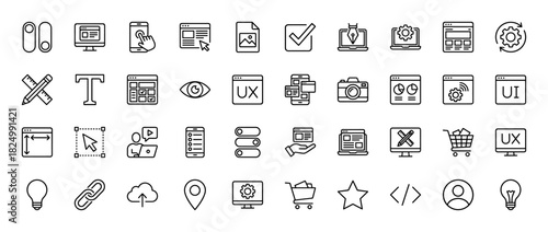 User interface and web design line icon set. Vector pictograms of wireframe, coding, toggle, cloud, settings, analytics, cart, cursor and profile, thin linear illustration.