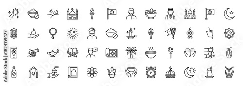 Ramadan and Islamic culture line icon set. Vector pictograms of mosque, lantern, crescent moon, prayer beads, quran, dates, fasting and charity, thin linear illustration.