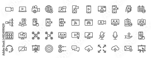 Videoconferencing and remote communication line icon set. Vector pictograms of camera, smartphone, screen sharing, and microphone, thin linear illustration.