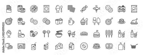Food and drink line icon set. Vector pictograms of candy, pizza, burger, ice cream, coffee, donuts, and condiments, thin linear illustration.
