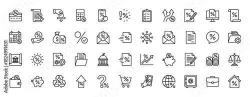 Finance line icon set. Vector pictograms of loan, percentage, debt, calculator, wallet, and interest rate, thin linear illustration.