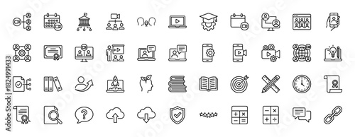 Education and e-learning line icon set. Vector pictograms of graduation cap, video conferencing, certificate, and calculator, thin linear illustration.
