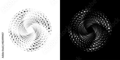 Dynamic abstract spiral sound wave rhythm lines. Circular spiral sound wave rhythm of lines. Circular futuristic abstract lines, black and white background.	