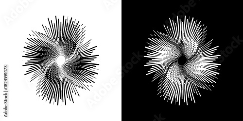 Dynamic abstract spiral sound wave rhythm lines. Circular spiral sound wave rhythm of lines. Circular futuristic abstract lines, black and white background.	